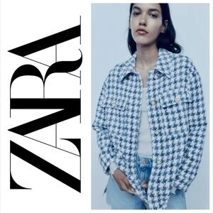 Zara sz S Blue & Cream Houndstooth Boucle Shacket /Blazer, pearl buttons, EUC